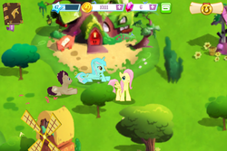 Size: 960x640 | Tagged: safe, gameloft, doctor whooves, fluttershy, lyra heartstrings, time turner, earth pony, pegasus, pony, unicorn, g4, female, game, game screencap, male, mare, prone, stallion, tree, trio