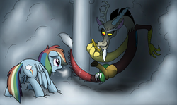 Size: 1200x715 | Tagged: safe, artist:mickeymonster, discord, rainbow dash, draconequus, pony, pony pov series, g4, the return of harmony, alex warlorn, cloudsdale, duo, fanfic, fanfic art, female, male, mare, reharmonized ponies