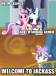 Size: 458x624 | Tagged: safe, edit, edited screencap, screencap, princess cadance, queen chrysalis, shining armor, g4, season 3, animated, disguise, disguised changeling, epic wife tossing, fake cadance, fastball special, image macro, jackass, meme
