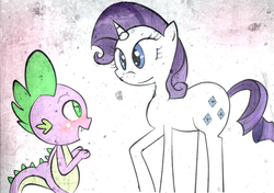 Size: 900x635 | Tagged: safe, artist:chibigem, rarity, spike, dragon, pony, unicorn, g4, blushing, duo, female, looking at each other, looking at someone, male, mare, open mouth, open smile, ship:sparity, shipping, smiling, smiling at each other, straight