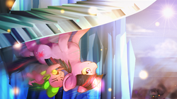 Size: 1366x768 | Tagged: safe, artist:fierying, king sombra, spike, twilight sparkle, g4, gravity, magic, scene interpretation, sliding, stairs, upside down