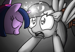 Size: 1100x766 | Tagged: safe, artist:mickeymonster, rainbow dash, twilight sparkle, pony, pony pov series, g4, the return of harmony, alex warlorn, duo, fanfic, fanfic art, female, gray background, grayscale, magic, mare, monochrome, reharmonized ponies, rope, simple background, traitor dash