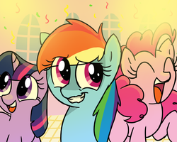 Size: 1100x879 | Tagged: safe, artist:mickeymonster, pinkie pie, rainbow dash, twilight sparkle, earth pony, pony, unicorn, pony pov series, g4, the return of harmony, alex warlorn, confetti, fanfic, fanfic art, female, mare, party, reharmonized ponies, trio, unicorn twilight