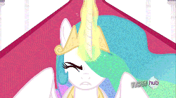 Size: 500x281 | Tagged: safe, screencap, princess celestia, alicorn, pony, g4, the crystal empire, animated, canterlot throne room, dark magic, ethereal mane, female, gif, jewelry, mare, peytral, solo, sombra eyes, spread wings, tiara, wings