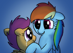 Size: 1209x873 | Tagged: safe, artist:mickeymonster, rainbow dash, scootaloo, pegasus, pony, pony pov series, g4, alex warlorn, blue background, crying, duo, fanfic, fanfic art, female, filly, mare, reharmonized ponies, scootalove, simple background