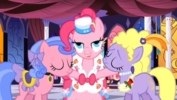 Size: 1366x768 | Tagged: safe, screencap, lyrica lilac, pinkie pie, royal ribbon, g4, the best night ever, lidded eyes, out of context