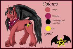 Size: 801x542 | Tagged: safe, artist:silvermoonbreeze, oc, oc only, oc:delano (tynica), alicorn, bat pony, bat pony alicorn, pony, 2007, bandana, bat wings, color palette, colored wings, horn, male, male alicorn, neckerchief, red and black oc, red background, simple background, stallion, standing, unshorn fetlocks, wings, yellow eyes