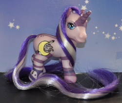 Size: 567x478 | Tagged: safe, artist:silvermoonbreeze, oc, oc only, oc:moonbreeze, pony, unicorn, g3, 2009, customized toy, female, irl, long tail, mare, photo, tail, toy