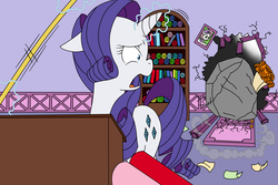 Size: 1500x1000 | Tagged: safe, artist:louis badalament, rarity, sweetie belle, tom, pony, unicorn, pony pov series, g4, alex warlorn, bouquet, bouquet of flowers, breaking and entering, fanfic, fanfic art, flower, looking back, photo, reharmonized ponies, rock, screaming