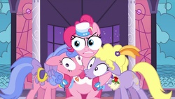 Size: 1280x720 | Tagged: safe, edit, edited screencap, screencap, lyrica lilac, pinkie pie, royal ribbon, g4, my little pony: friendship is magic, the best night ever, clothes, dress, gala dress, special eyes