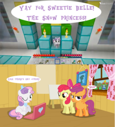 Size: 3000x3321 | Tagged: safe, artist:pilot231, apple bloom, scootaloo, sweetie belle, ask the crusaders, g4, clubhouse, computer, cutie mark crusaders, laptop computer, minecraft, one eye closed, princess, window, wink