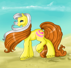 Size: 612x589 | Tagged: safe, artist:silvermoonbreeze, nightshine, earth pony, pony, g2, female, looking at you, mare, raised hoof, sand, smiling, solo, unshorn fetlocks, windswept mane