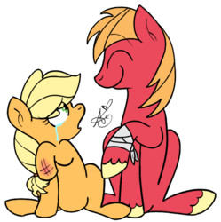 Size: 602x605 | Tagged: safe, artist:universal-tiger, applejack, big macintosh, earth pony, pony, g4, bandage, crying, filly, injured, male, simple background, stallion, transparent background