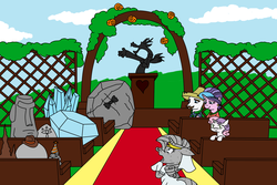 Size: 1500x1000 | Tagged: safe, artist:louis badalament, cookie crumbles, discord, hondo flanks, rarity, rocky, sweetie belle, tom, draconequus, pony, unicorn, pony pov series, g4, alex warlorn, bride, church, clothes, day, diamond, dress, fanfic, fanfic art, floppy ears, gossip stone, groom, moai, nightmare, reharmonized ponies, rock, ship:cookieflanks, statue, the legend of zelda, wedding, wedding dress