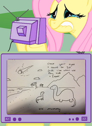 Size: 563x771 | Tagged: safe, fluttershy, dinosaur, pony, g4, exploitable meme, fluttercry, meme, meteor, photo, tv meme