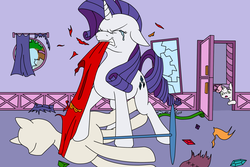 Size: 1500x1000 | Tagged: safe, artist:louis badalament, rarity, sweetie belle, pony, unicorn, pony pov series, g4, alex warlorn, carousel boutique, clothes, crying, destruction, dress, fanfic, fanfic art, female, insanity, mannequin, reharmonized ponies, siblings, sisters