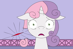 Size: 1500x1000 | Tagged: safe, artist:louis badalament, sweetie belle, pony, unicorn, pony pov series, g4, alex warlorn, alternate hairstyle, blood, fanfic, looking at you, reharmonized ponies, scar, sweetiebuse