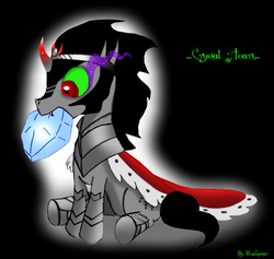 Size: 800x758 | Tagged: safe, artist:binikastar, king sombra, pony, unicorn, g4, armor, cape, clothes, colored horn, crystal heart, curved horn, cute, horn, male, mouth hold, solo, sombra eyes, sombradorable, stallion