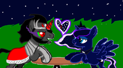 Size: 900x502 | Tagged: safe, artist:shadow4one, king sombra, princess luna, alicorn, pony, unicorn, g4, date, date night, female, heart, looking at each other, looking at someone, male, ship:lumbra, shipping, spread wings, straight, table, wings