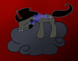 Size: 788x618 | Tagged: safe, artist:hip-indeed, king sombra, g4, cloud, colored horn, colt sombra, curved horn, cute, dark clouds, eye mist, fangs, gradient background, horn, king sideburns, newbie artist training grounds, on a cloud, red background, sleeping, sleeping on a cloud, sombra eyes, sombra horn, sombra's cutie mark, sombradorable