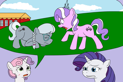 Size: 1500x1000 | Tagged: safe, artist:louis badalament, diamond tiara, rarity, silver spoon, sweetie belle, earth pony, pony, unicorn, pony pov series, g4, alex warlorn, alternate hairstyle, angry, day, fanfic, glasses, reharmonized ponies, scar, school, screaming, yelling