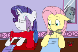 Size: 1500x1000 | Tagged: safe, artist:louis badalament, fluttershy, rarity, pegasus, pony, unicorn, pony pov series, g4, alex warlorn, carousel boutique, fanfic, fanfic art, floppy ears, fluttercruel, looking down, mirror, reharmonized ponies, scissors, sewing, sewing machine, sweat