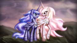 Size: 1920x1080 | Tagged: safe, artist:zedrin, princess celestia, princess luna, g4, cover, fanfic, necklace, silent moon, whisper sun