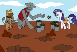 Size: 1500x1000 | Tagged: safe, artist:louis badalament, rarity, rover, spot, diamond dog, pony, unicorn, pony pov series, g4, alex warlorn, day, fanfic, fanfic art, gem, jewels, looking down, reharmonized ponies