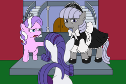 Size: 1500x1000 | Tagged: safe, artist:louis badalament, diamond tiara, rarity, earth pony, pony, unicorn, pony pov series, g4, alex warlorn, clothes, fanfic, fanfic art, maid, reharmonized ponies