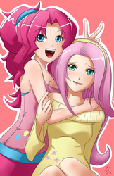 Size: 3300x5100 | Tagged: safe, artist:squigi, fluttershy, pinkie pie, human, g4, clothes, female, humanized, lesbian, ship:flutterpie, shipping, sweatershy