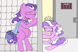 Size: 1500x1000 | Tagged: safe, artist:louis badalament, diamond tiara, screwball, earth pony, pony, pony pov series, g4, alex warlorn, asylum, clothes, crying, daughter, diamonds, dress, fanfic, fanfic art, mother, mother and daughter, padded cell, reharmonized ponies, sad, smiling, tearjerker