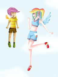 Size: 2480x3253 | Tagged: safe, artist:julianime, rainbow dash, scootaloo, human, g4, flying lesson, humanized, skinny, thin, winged humanization