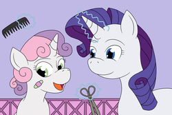 Size: 1500x1000 | Tagged: safe, artist:louis badalament, rarity, sweetie belle, pony pov series, g4, alex warlorn, bandage, bandaid, cheering up, comb, fanfic, fanfic art, heartwarming, reharmonized ponies, scissors, sisters, smiling