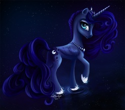 Size: 720x631 | Tagged: safe, artist:paintedhoofprints, princess luna, pony, g4, alternate hairstyle, female, night, solo, water