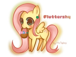 Size: 1600x1200 | Tagged: safe, artist:tsukinohikari69, fluttershy, pony, g4, basket, chibi, cute, female, mouth hold, solo