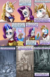 Size: 900x1391 | Tagged: safe, artist:pluckyninja, prince blueblood, rarity, pig, pony, timber wolf, unicorn, comic:the return of prince blueblood, g4, bindle, comic, female, magic, makeup, male, mare, rain, stallion