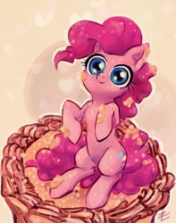 Size: 800x1016 | Tagged: safe, artist:lizombie, pinkie pie, earth pony, pony, g4, :>, cake, cute, diapinkes, female, looking at you, messy, sitting, smiling, solo
