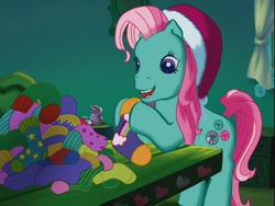Size: 640x480 | Tagged: safe, screencap, minty, pony, a very minty christmas, g3, clothes, cute, female, mintabetes, socks, solo, that pony sure does love socks