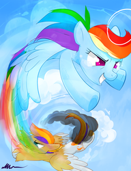 Size: 1181x1535 | Tagged: safe, artist:affanita, rainbow dash, oc, pegasus, pony, g4, cloud, colored pupils, crying, duo, female, flying, male, mare, signature, sky, stallion, trail, underhoof, unshorn fetlocks, vertigo