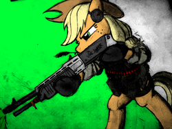 Size: 900x675 | Tagged: safe, artist:evoraflux, applejack, g4, gun, shotgun, spas-12, weapon