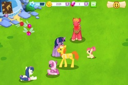 Size: 960x640 | Tagged: safe, gameloft, apple bloom, big macintosh, bon bon, carrot cake, cheerilee, sweetie drops, twilight sparkle, earth pony, parasprite, pony, g4, male, stallion