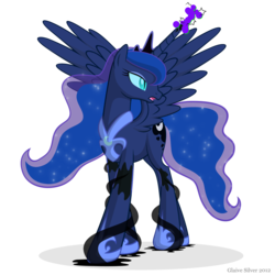 Size: 1500x1500 | Tagged: safe, artist:glaive-silver, nightmare moon, princess luna, alicorn, pony, g4, corrupted, dark magic, female, frown, glare, looking back, mare, nightmare luna, open mouth, simple background, slit pupils, solo, spread wings, tentacles, transformation, transparent background, vector, walking