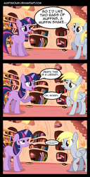 Size: 1490x2908 | Tagged: safe, artist:austiniousi, derpy hooves, twilight sparkle, pegasus, pony, unicorn, g4, comic, female, floppy ears, golden oaks library, library, mare, twilight sparkle is not amused, unamused, unicorn twilight