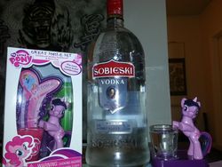 Size: 1024x768 | Tagged: safe, twilight sparkle, g4, alcohol, cutie mark, figurine, irl, photo, toy, vodka