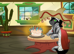Size: 1200x881 | Tagged: safe, artist:pixelkitties, derpy hooves, king sombra, pegasus, pony, umbrum, g4, birthday, birthday cake, birthday candles, cactus, cake, candle, cape, clothes, diner, emperor, female, food, hat, king sombra is not amused, king sombrero, male, mare, mexican, mexico, nobility, party, reference to another series, restaurant, royalty, sombraro, sombrero, stallion, table, the emperor's new groove, the emporer's new groove, unamused