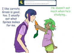 Size: 1280x910 | Tagged: safe, artist:artiedrawings, spike, twilight sparkle, ask a bishonen pony, g4, barb, dark skin, dialogue, dusk shine, humanized, humans doing horse things, rule 63, tumblr