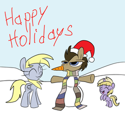 Size: 900x851 | Tagged: safe, artist:joeywaggoner, derpy hooves, dinky hooves, doctor whooves, time turner, earth pony, pegasus, pony, unicorn, g4, clothes, doctor who, doctor whooves is not amused, female, fourth doctor's scarf, mare, scarf, snowman, striped scarf, the doctor, varying degrees of amusement