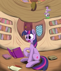 Size: 1794x2088 | Tagged: safe, artist:otakuap, spike, twilight sparkle, g4, book, golden oaks library, gravity, library, quill