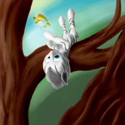 Size: 2000x2000 | Tagged: safe, artist:thelunarsea, oc, oc only, oc:greenmane, butterfly, zebra, blue eyes, colt, cute, eyes on the prize, foal, looking up, male, on back, relaxing, smiling, solo, tree, tree branch
