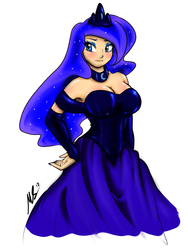 Size: 1500x2000 | Tagged: safe, artist:true-artist-mas, princess luna, human, g4, blushing, breasts, busty princess luna, clothes, evening gloves, female, fingerless gloves, gloves, humanized, looking at you, simple background, smiling, solo